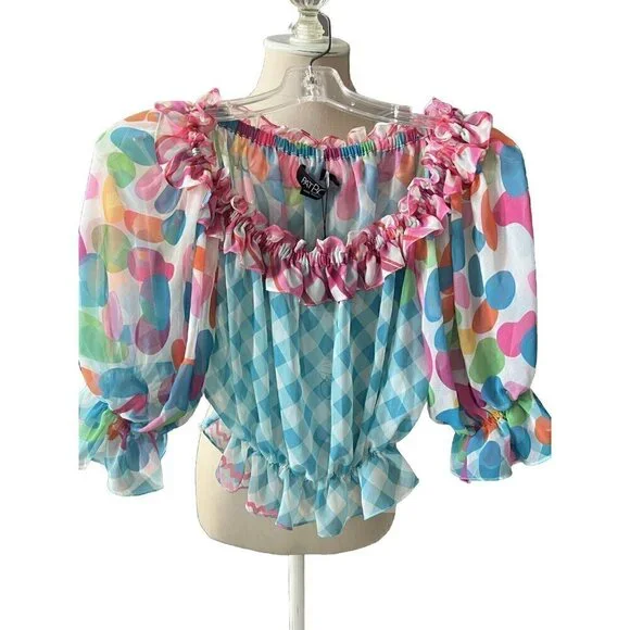 PATBO Antibes Off-The-Shoulder Top Plaid/Circle Combo Women's Size XS NWT - Picture 2 of 6